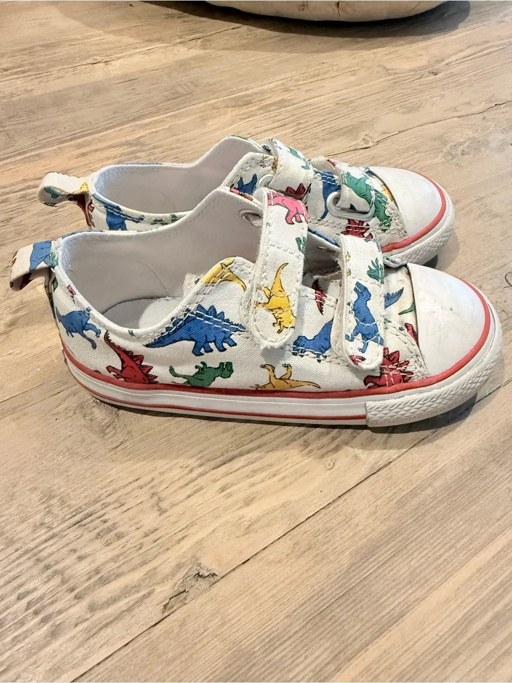 Kids White Canvas Sneakers with Colorful Dinosaur Print